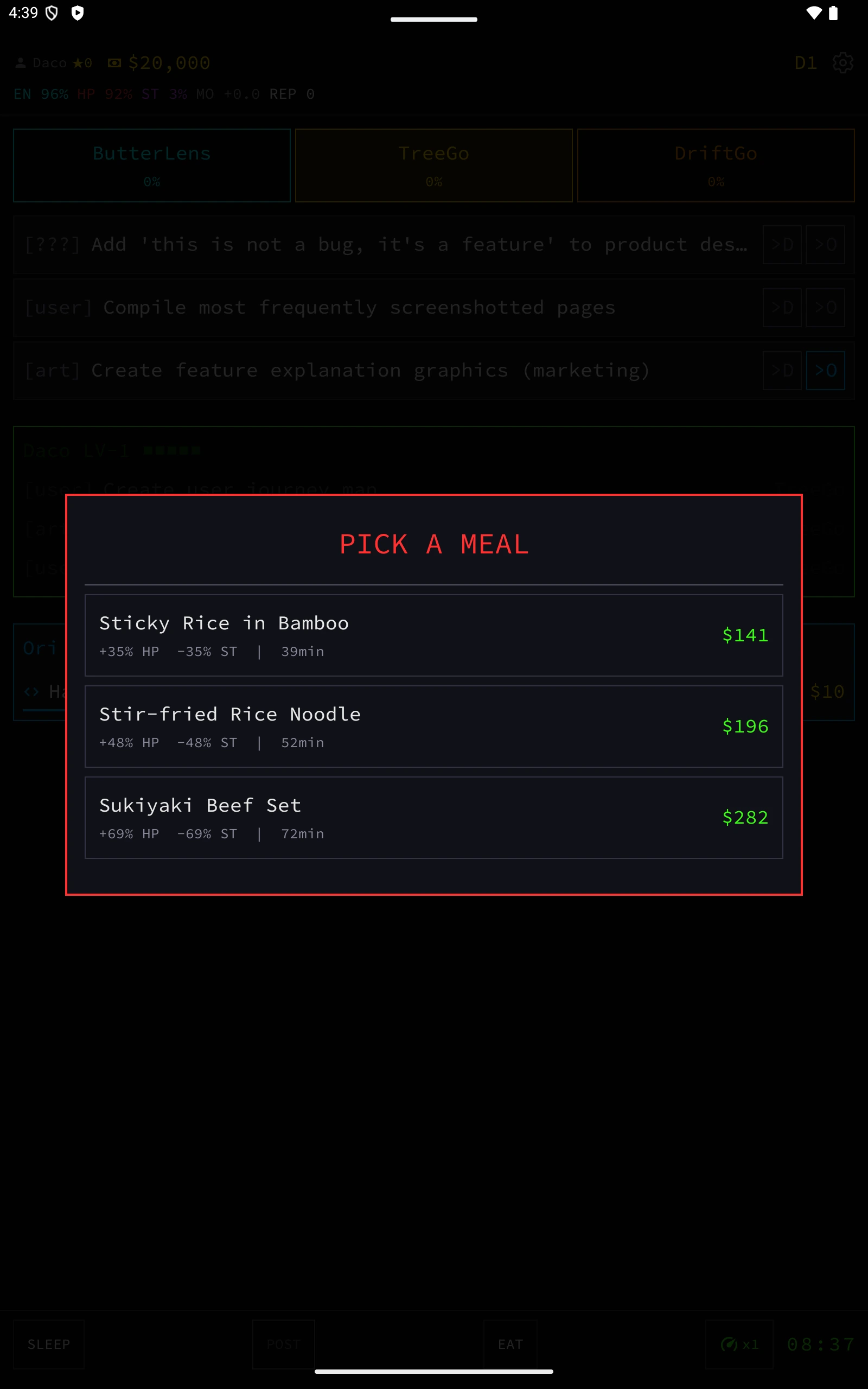 IndieSurvive meal choice modal