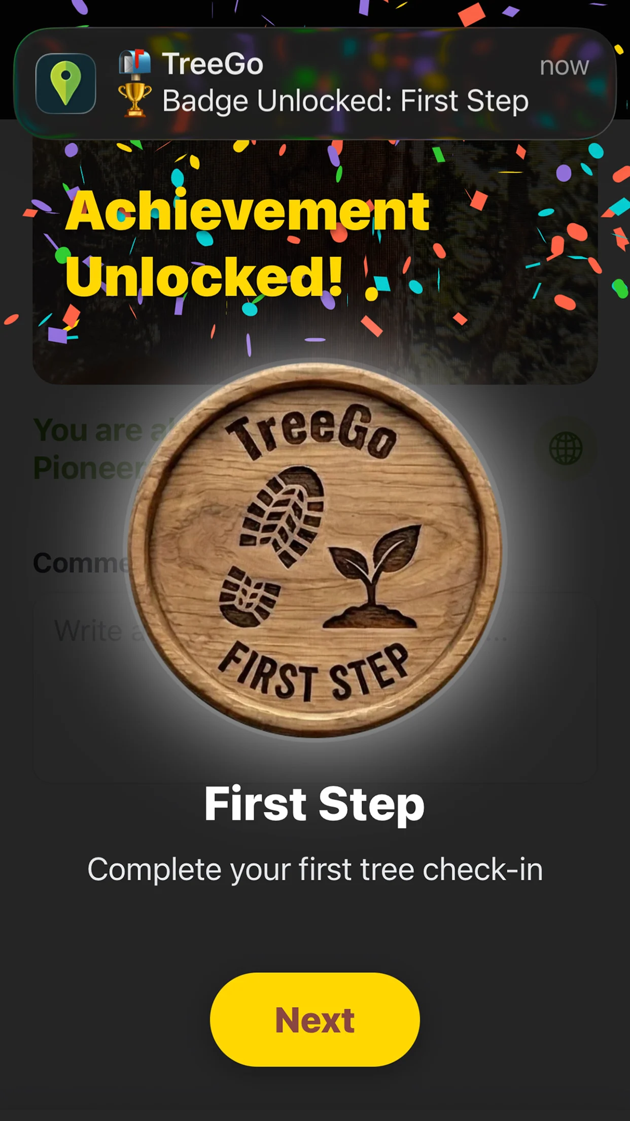 TreeGo badge unlocked moment